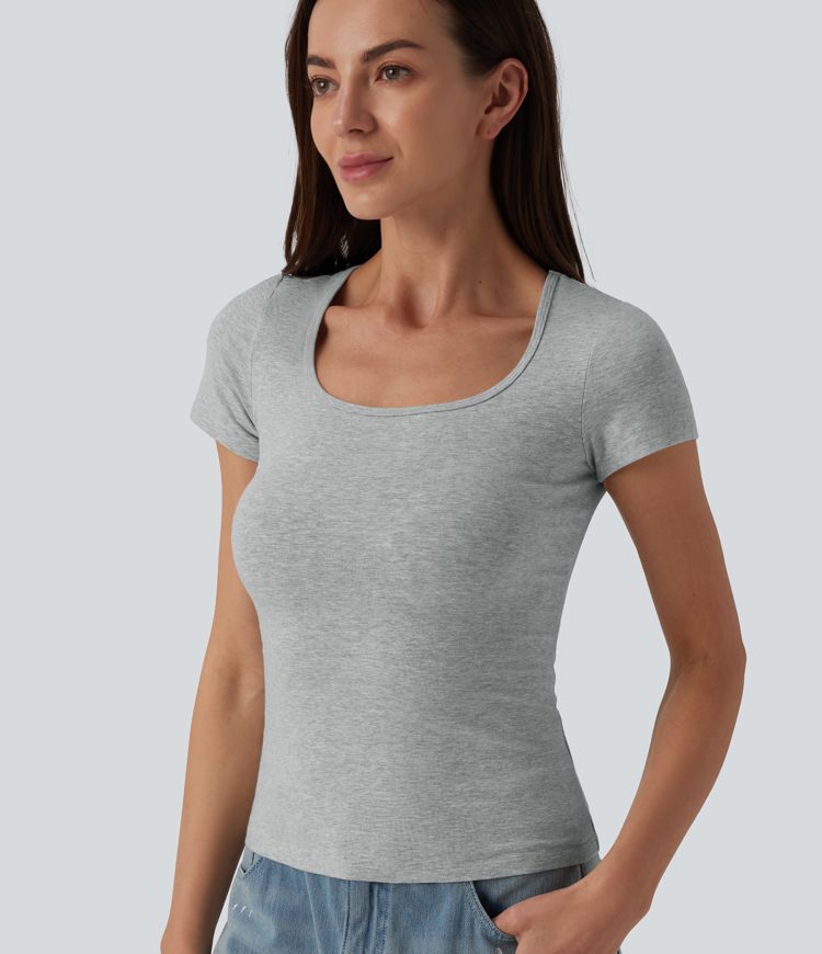 Square Neck Short Sleeve Ultra-slim Heathered Casual Cotton T-Shirt