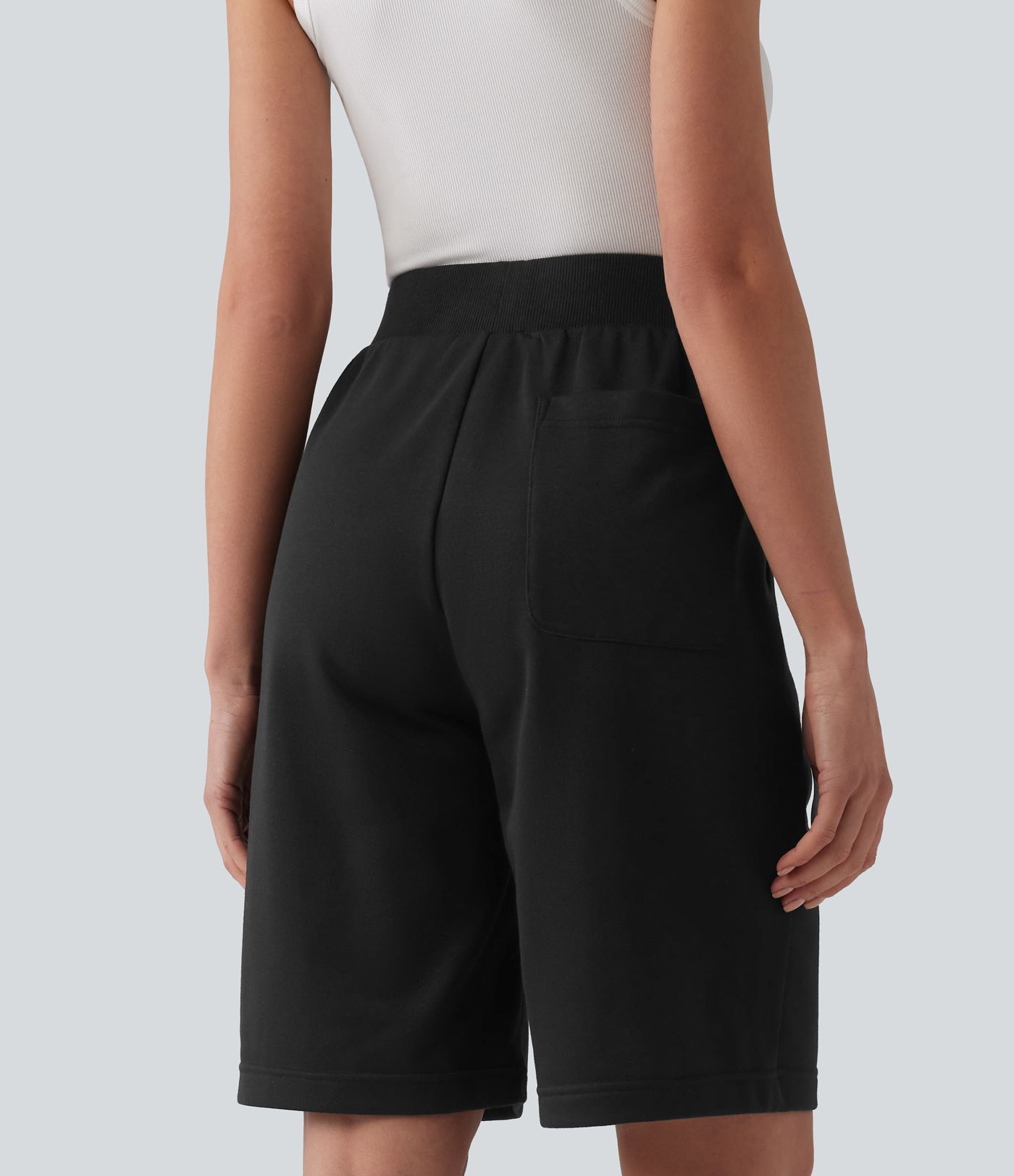 Mid Rise Inner Drawstring French Terry Baggy Casual Bermuda Sweat Shorts with Pockets