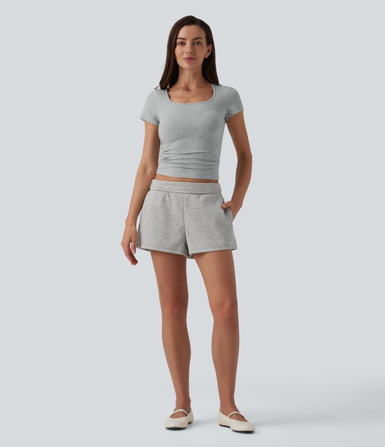 Square Neck Short Sleeve Ultra-slim Heathered Casual Cotton T-Shirt