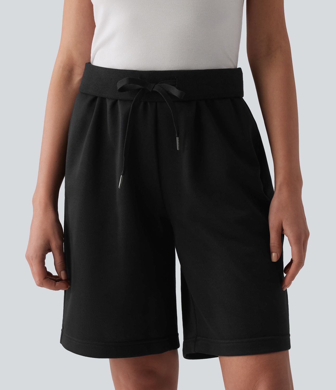 Mid Rise Inner Drawstring French Terry Baggy Casual Bermuda Sweat Shorts with Pockets