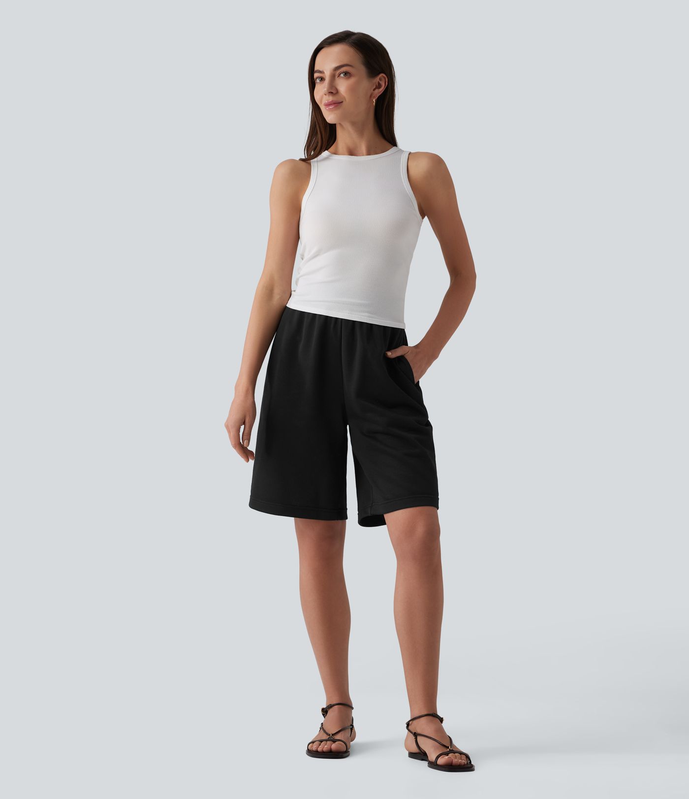 Mid Rise Inner Drawstring French Terry Baggy Casual Bermuda Sweat Shorts with Pockets