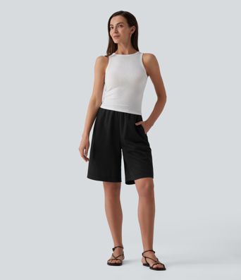 Mid Rise Inner Drawstring French Terry Baggy Casual Bermuda Sweat Shorts with Pockets