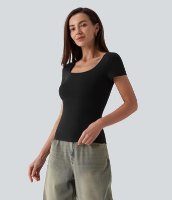 Halara Cotton Jersey Square Neck Short Sleeve Ultra-slim Heathered Casual T-Shirt