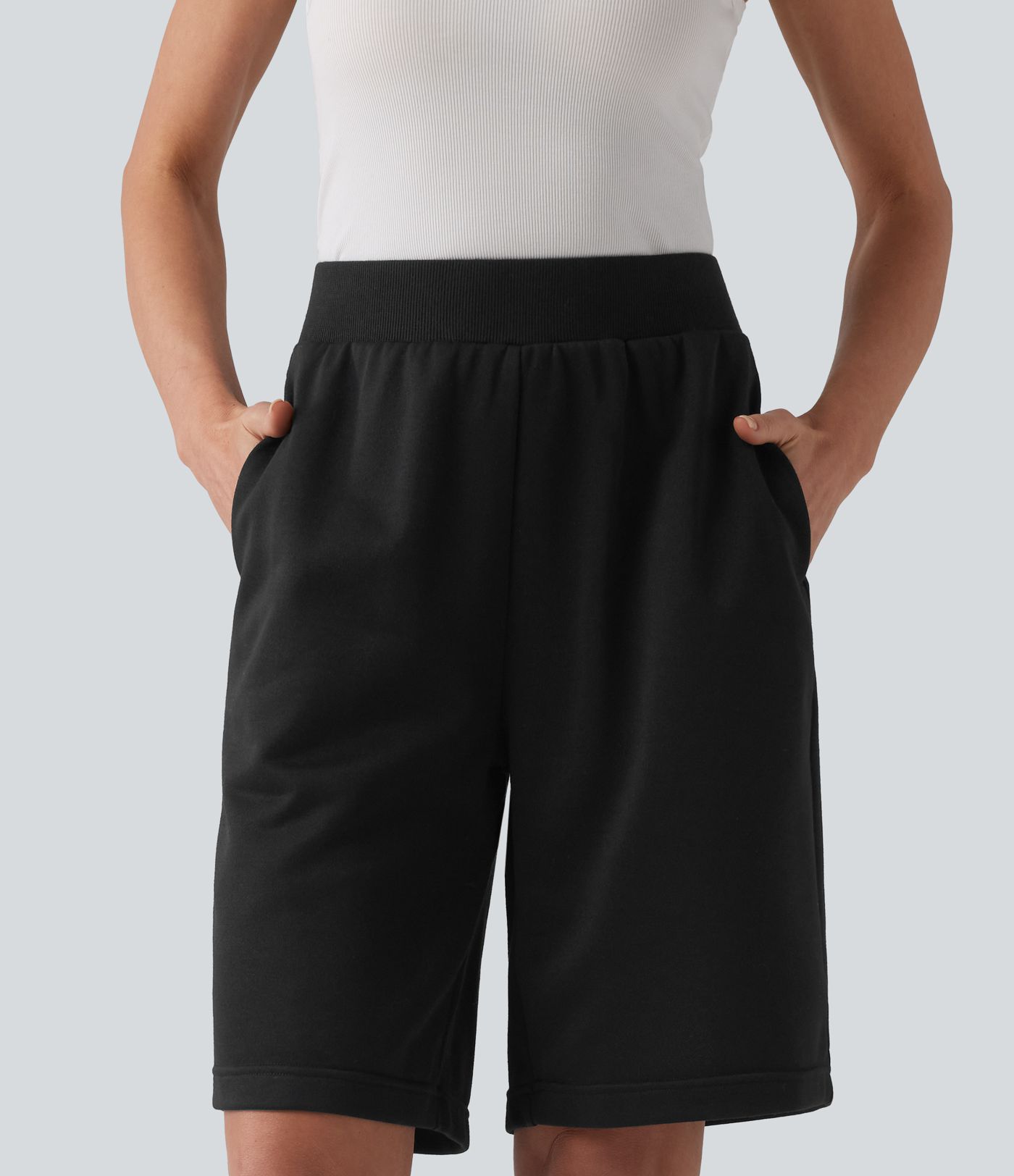 Mid Rise Inner Drawstring French Terry Baggy Casual Bermuda Sweat Shorts with Pockets