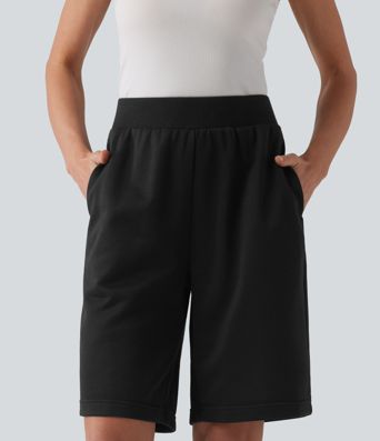 Mid Rise Inner Drawstring French Terry Baggy Casual Bermuda Sweat Shorts with Pockets