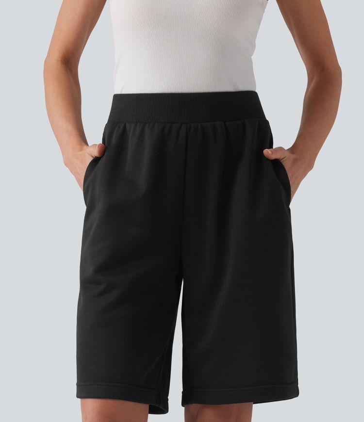 Mid Rise Inner Drawstring French Terry Baggy Casual Bermuda Sweat Shorts with Pockets