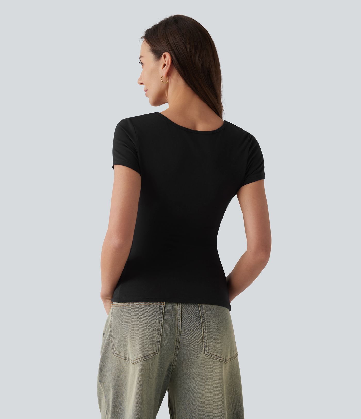 Halara Cotton Jersey Square Neck Short Sleeve Ultra-slim Heathered Casual T-Shirt