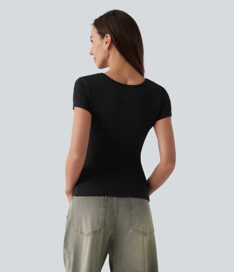 Halara Cotton Jersey Square Neck Short Sleeve Ultra-slim Heathered Casual T-Shirt