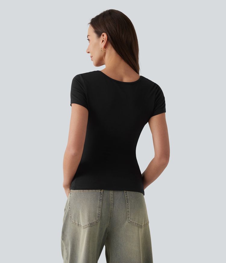 Halara Cotton Jersey Square Neck Short Sleeve Ultra-slim Heathered Casual T-Shirt