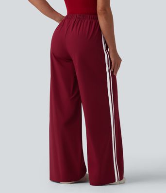 High Waisted Drawstring Wide Leg Stripe Casual Pants with Pockets