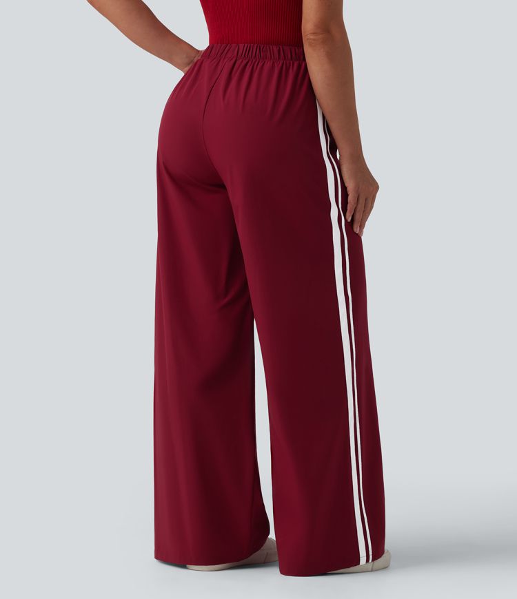High Waisted Drawstring Wide Leg Stripe Casual Pants with Pockets
