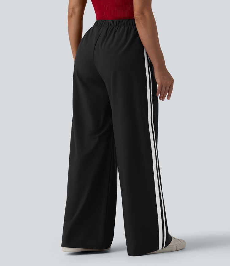 High Waisted Drawstring Wide Leg Stripe Casual Pants with Pockets