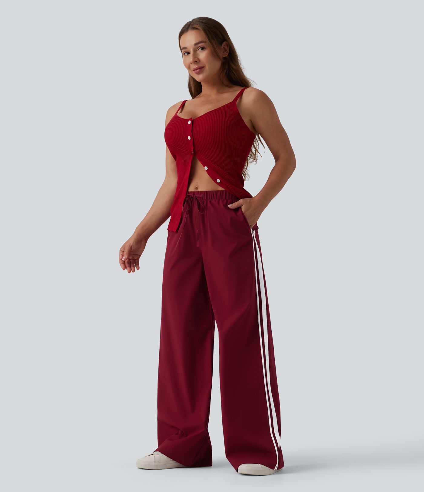 High Waisted Drawstring Wide Leg Stripe Casual Pants with Pockets