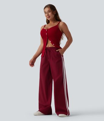High Waisted Drawstring Wide Leg Stripe Casual Pants with Pockets