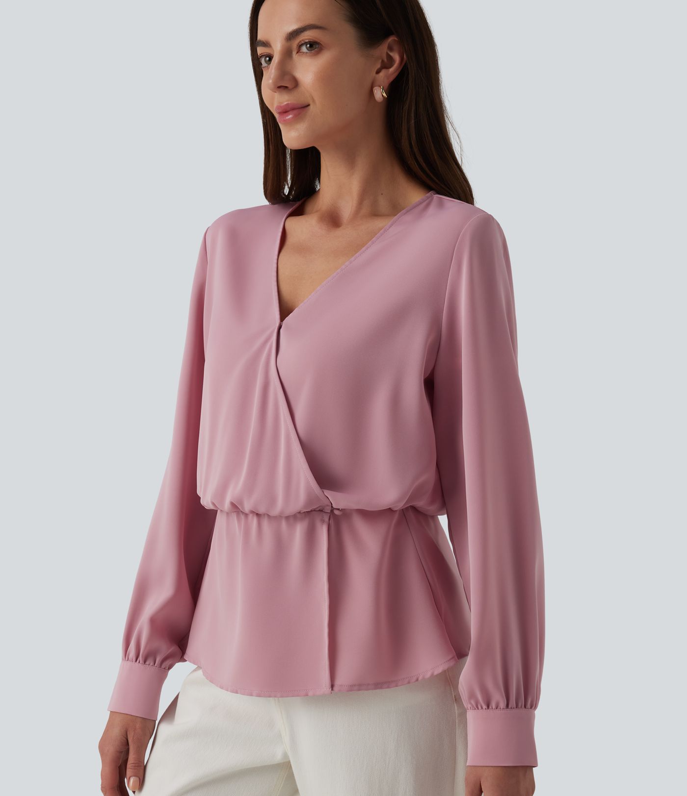 Wrinkle-resistant V-neck Snap Button Crossover Long Sleeve Relaxed Work Blouse