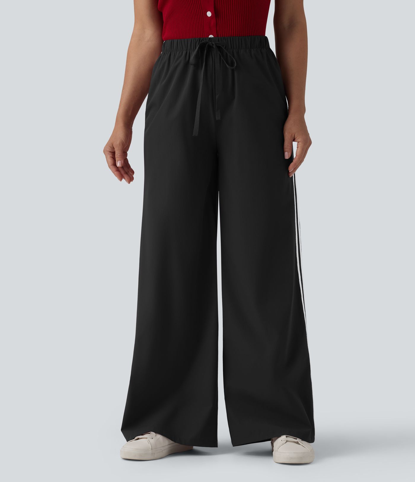 High Waisted Drawstring Wide Leg Stripe Casual Pants with Pockets