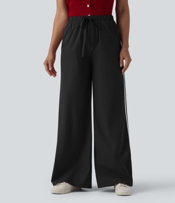 High Waisted Drawstring Wide Leg Stripe Casual Pants with Pockets