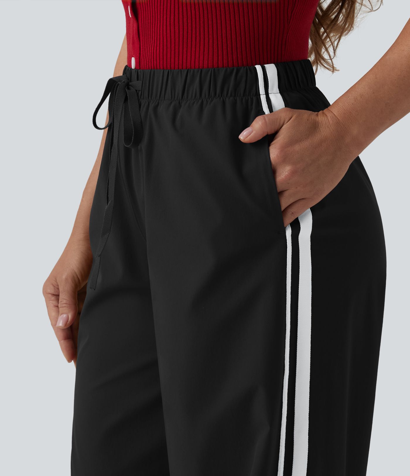 High Waisted Drawstring Wide Leg Stripe Casual Pants with Pockets