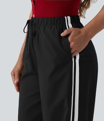 High Waisted Drawstring Wide Leg Stripe Casual Pants with Pockets