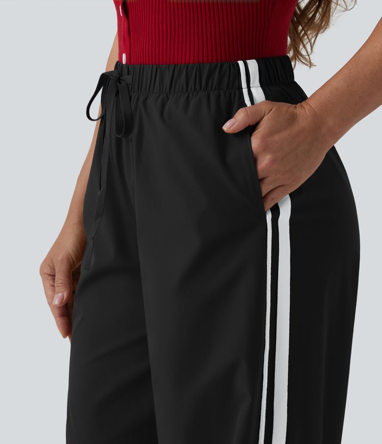 High Waisted Drawstring Wide Leg Stripe Casual Pants with Pockets