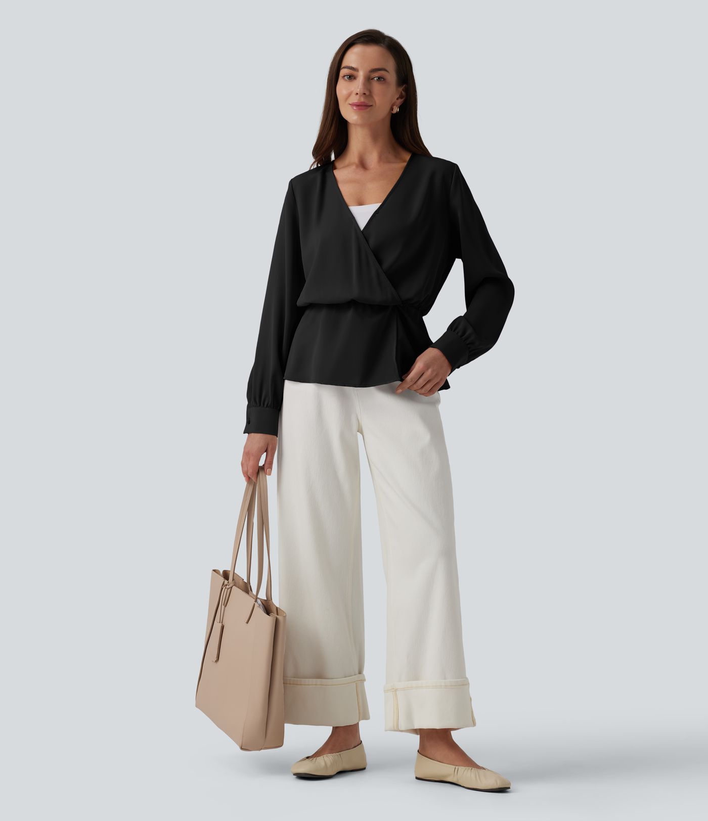 Wrinkle-resistant V-neck Snap Button Crossover Long Sleeve Relaxed Work Blouse