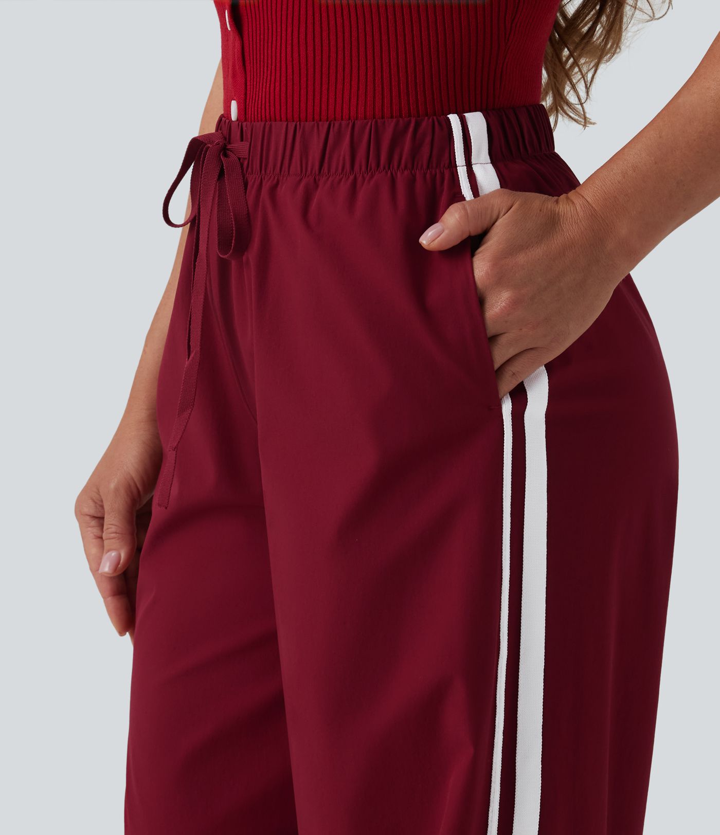 High Waisted Drawstring Wide Leg Stripe Casual Pants with Pockets