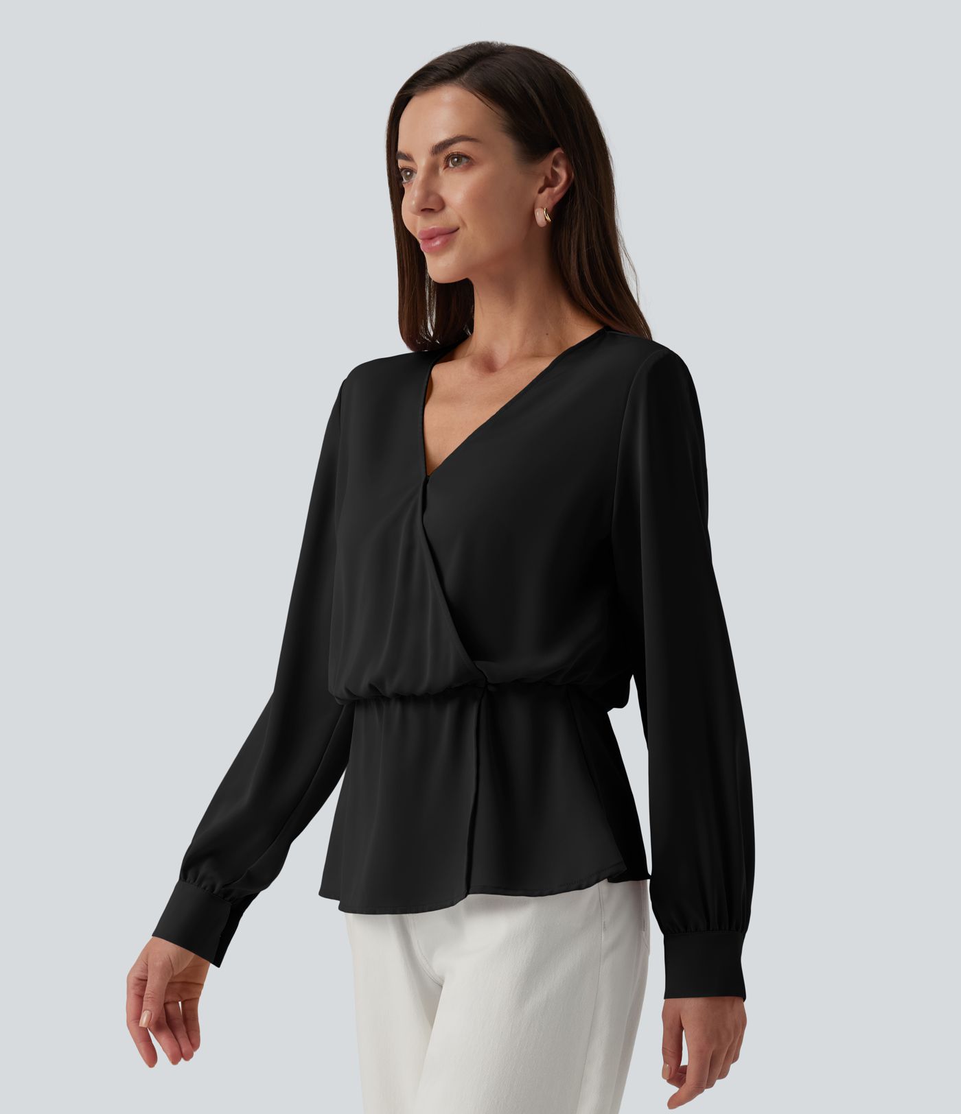 Wrinkle-resistant V-neck Snap Button Crossover Long Sleeve Relaxed Work Blouse