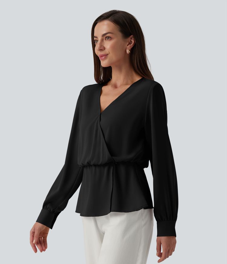 Wrinkle-resistant V-neck Snap Button Crossover Long Sleeve Relaxed Work Blouse