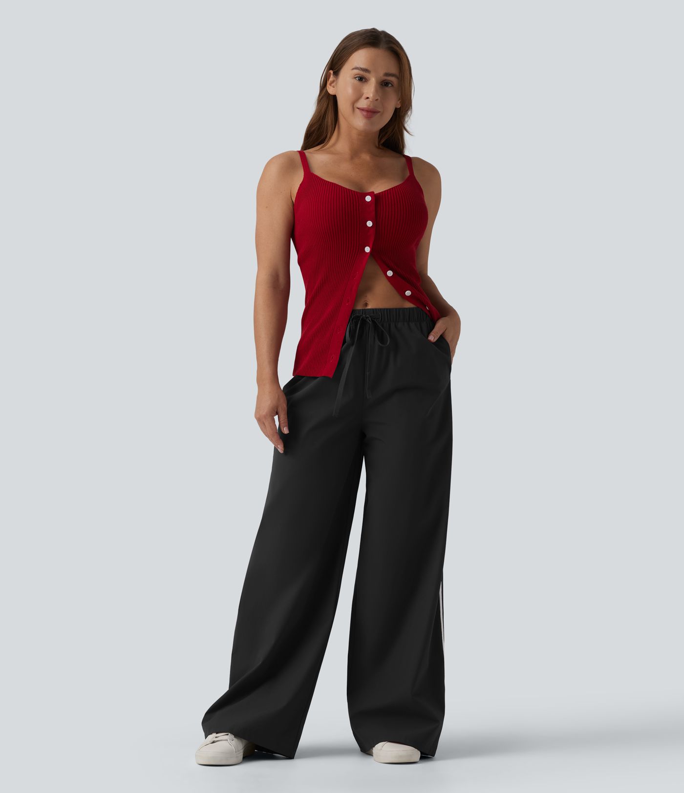 High Waisted Drawstring Wide Leg Stripe Casual Pants with Pockets