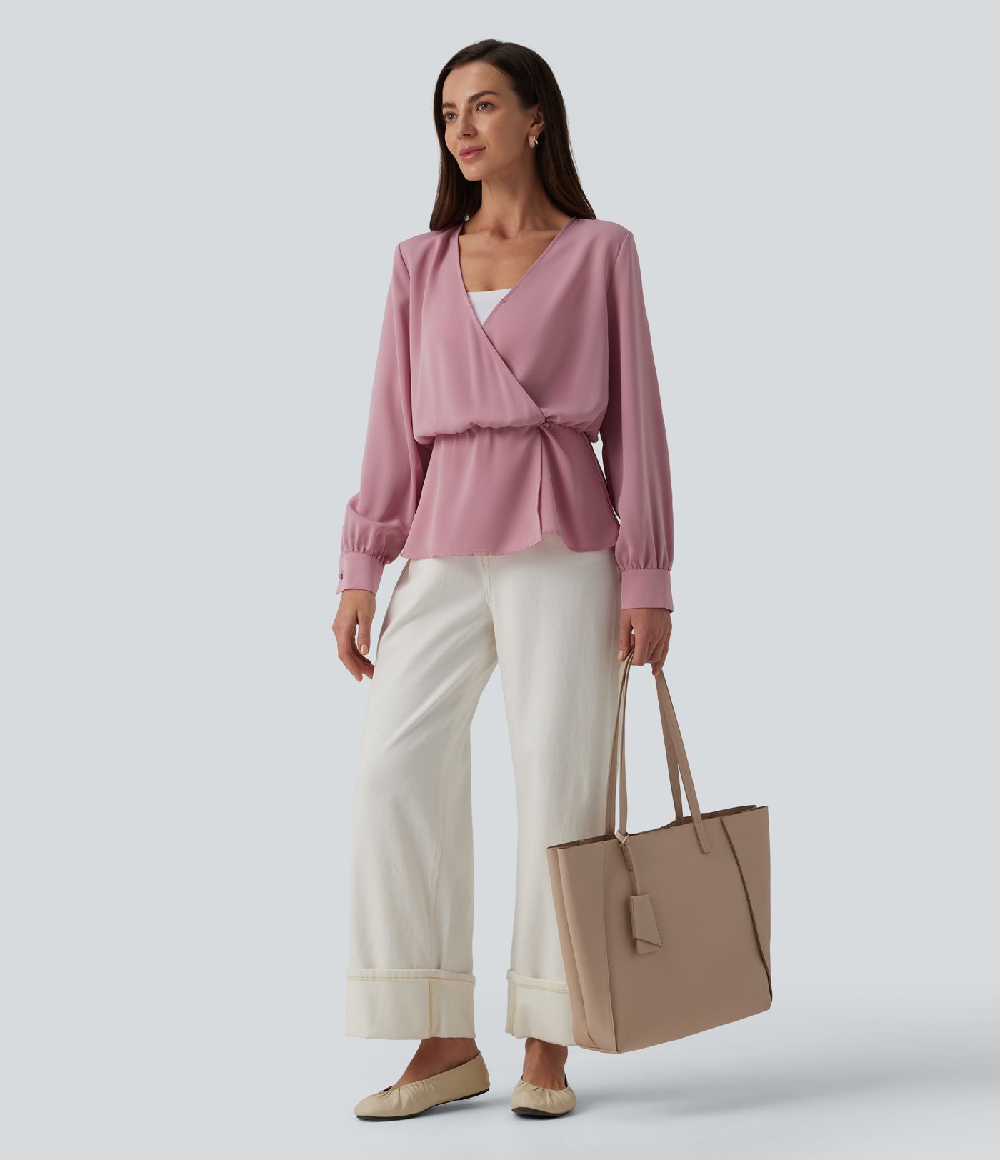 Wrinkle-resistant V-neck Snap Button Crossover Long Sleeve Relaxed Work Blouse