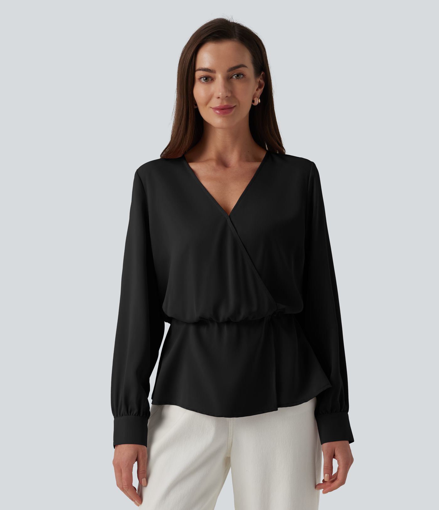 Wrinkle-resistant V-neck Snap Button Crossover Long Sleeve Relaxed Work Blouse