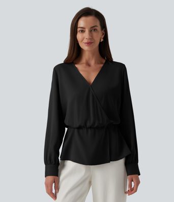 Wrinkle-resistant V-neck Snap Button Crossover Long Sleeve Relaxed Work Blouse