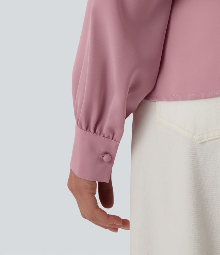 Wrinkle-resistant V-neck Snap Button Crossover Long Sleeve Relaxed Work Blouse