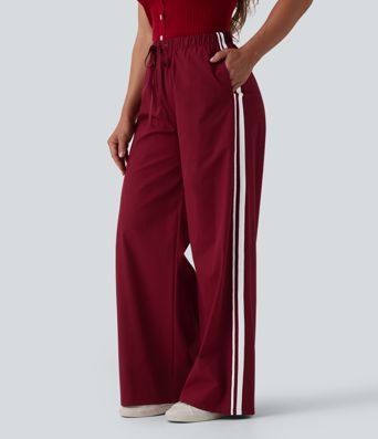 High Waisted Drawstring Wide Leg Stripe Casual Pants with Pockets