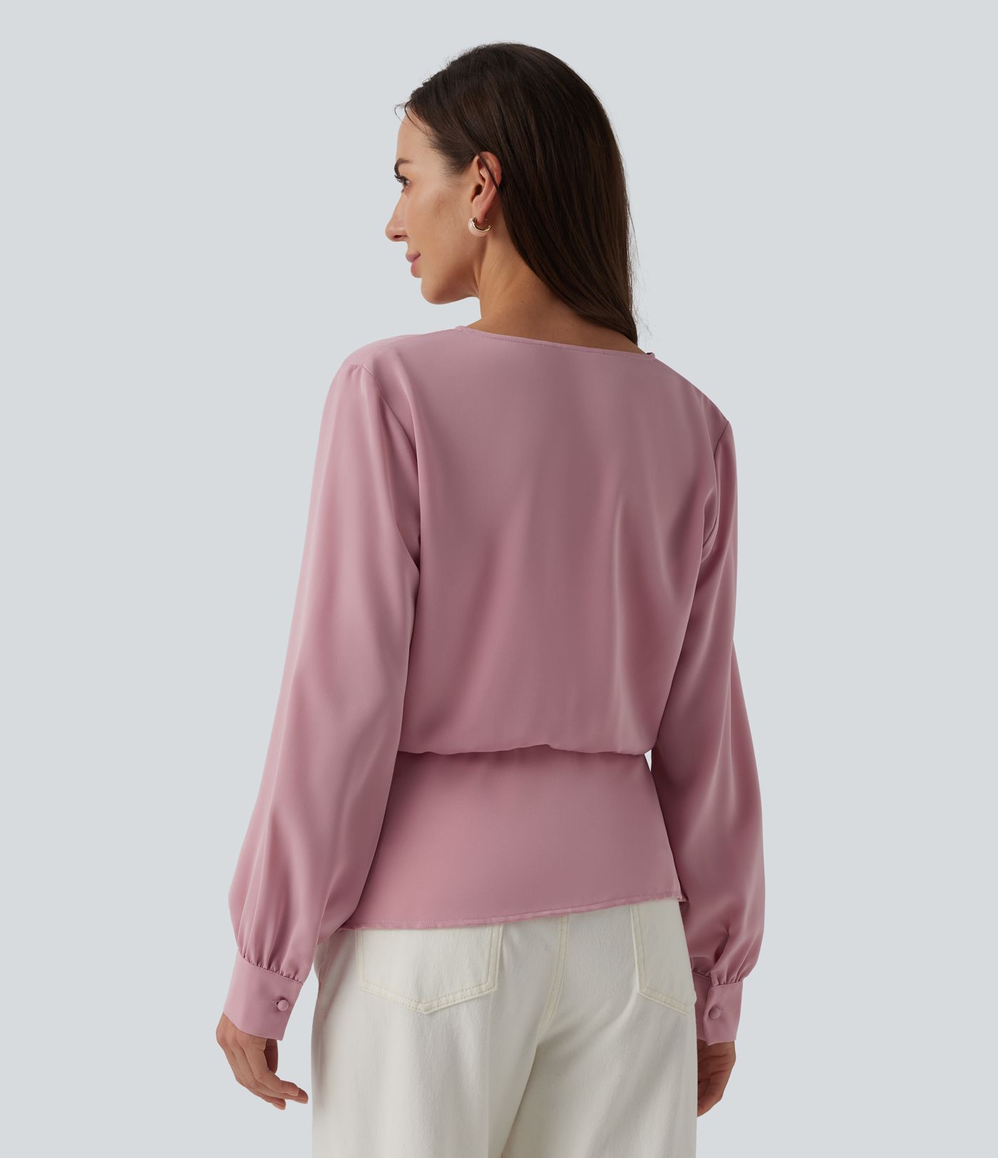 Wrinkle-resistant V-neck Snap Button Crossover Long Sleeve Relaxed Work Blouse