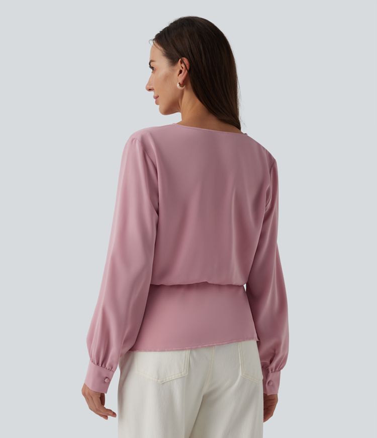 Wrinkle-resistant V-neck Snap Button Crossover Long Sleeve Relaxed Work Blouse