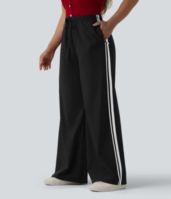 High Waisted Drawstring Wide Leg Stripe Casual Pants with Pockets