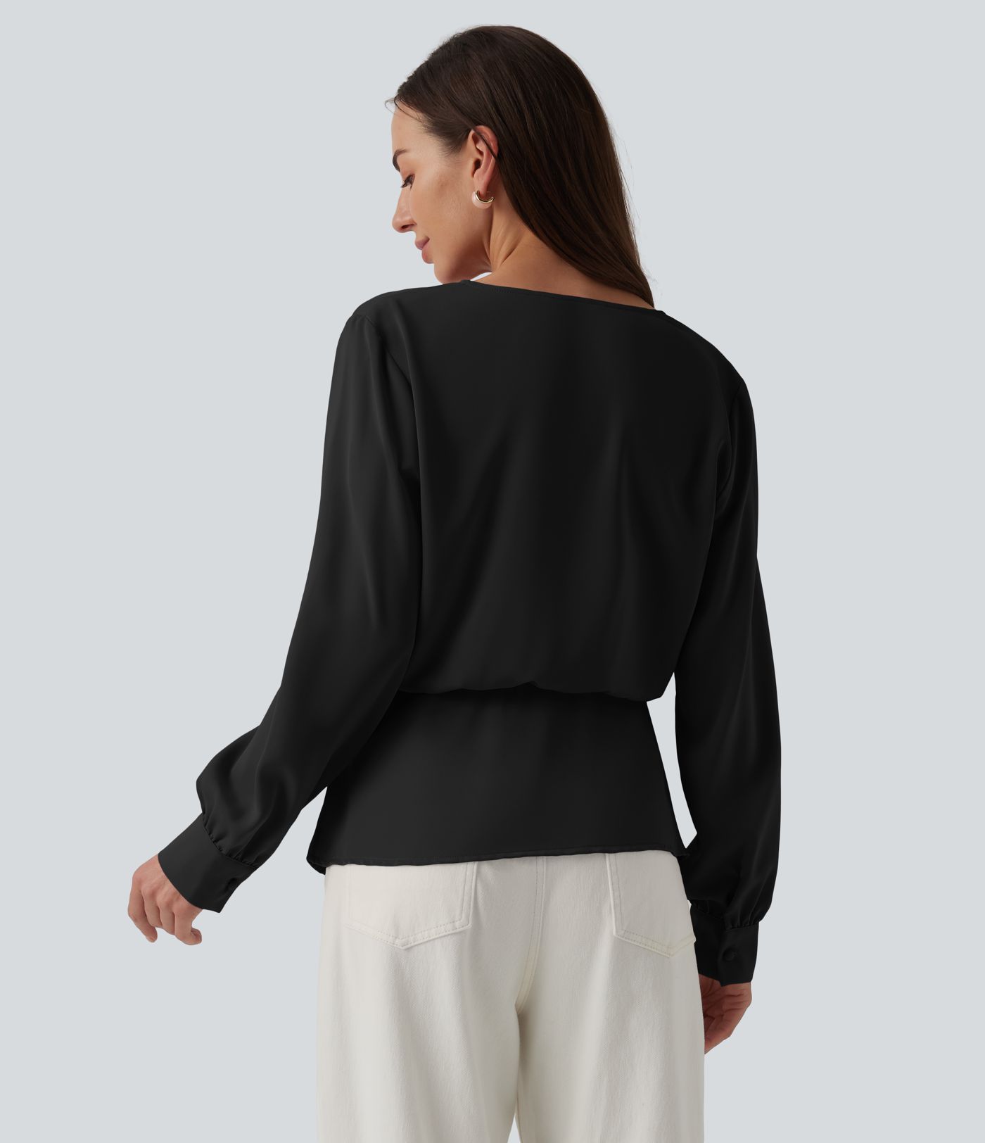 Wrinkle-resistant V-neck Snap Button Crossover Long Sleeve Relaxed Work Blouse