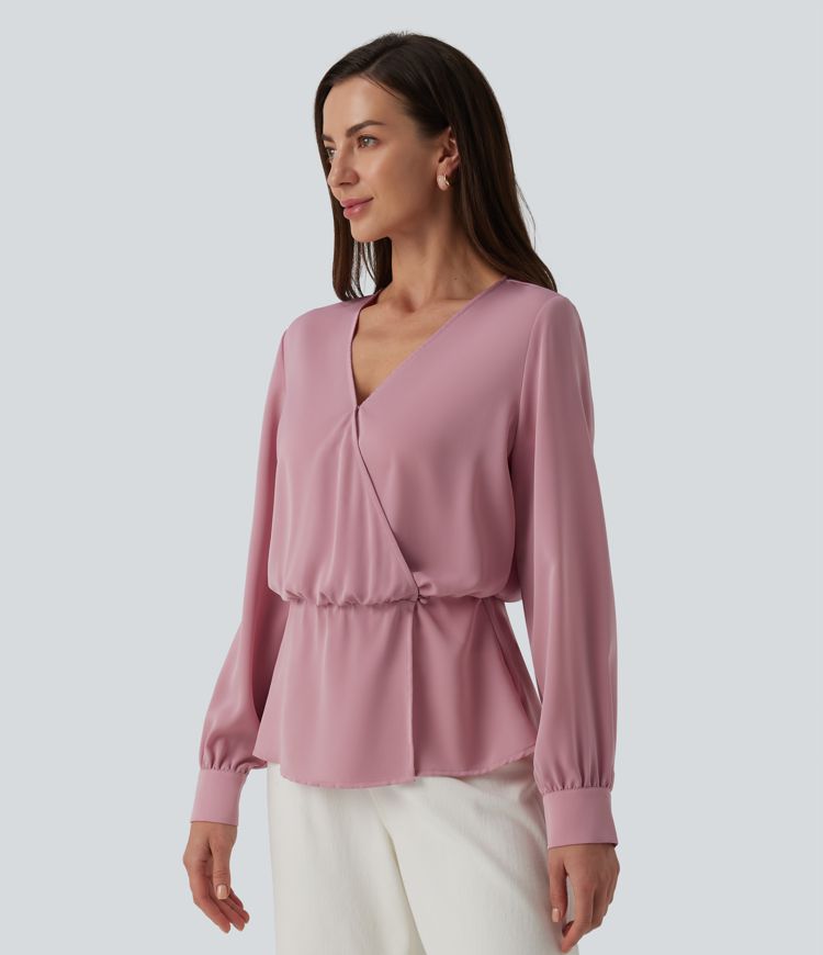Wrinkle-resistant V-neck Snap Button Crossover Long Sleeve Relaxed Work Blouse