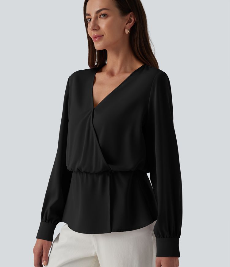 Wrinkle-resistant V-neck Snap Button Crossover Long Sleeve Relaxed Work Blouse