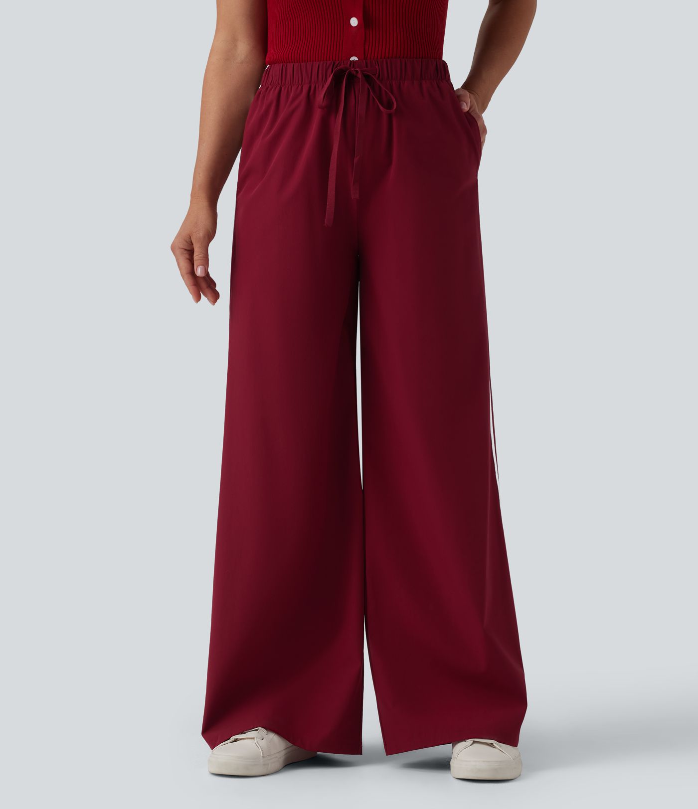 High Waisted Drawstring Wide Leg Stripe Casual Pants with Pockets
