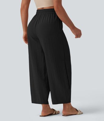 High Waisted Drawstring Barrel Leg Casual Linen-Feel Pants with Pockets