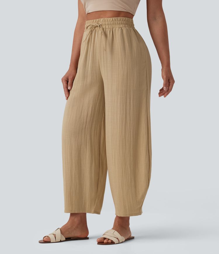 High Waisted Drawstring Barrel Leg Casual Linen-Feel Trousers with Pockets