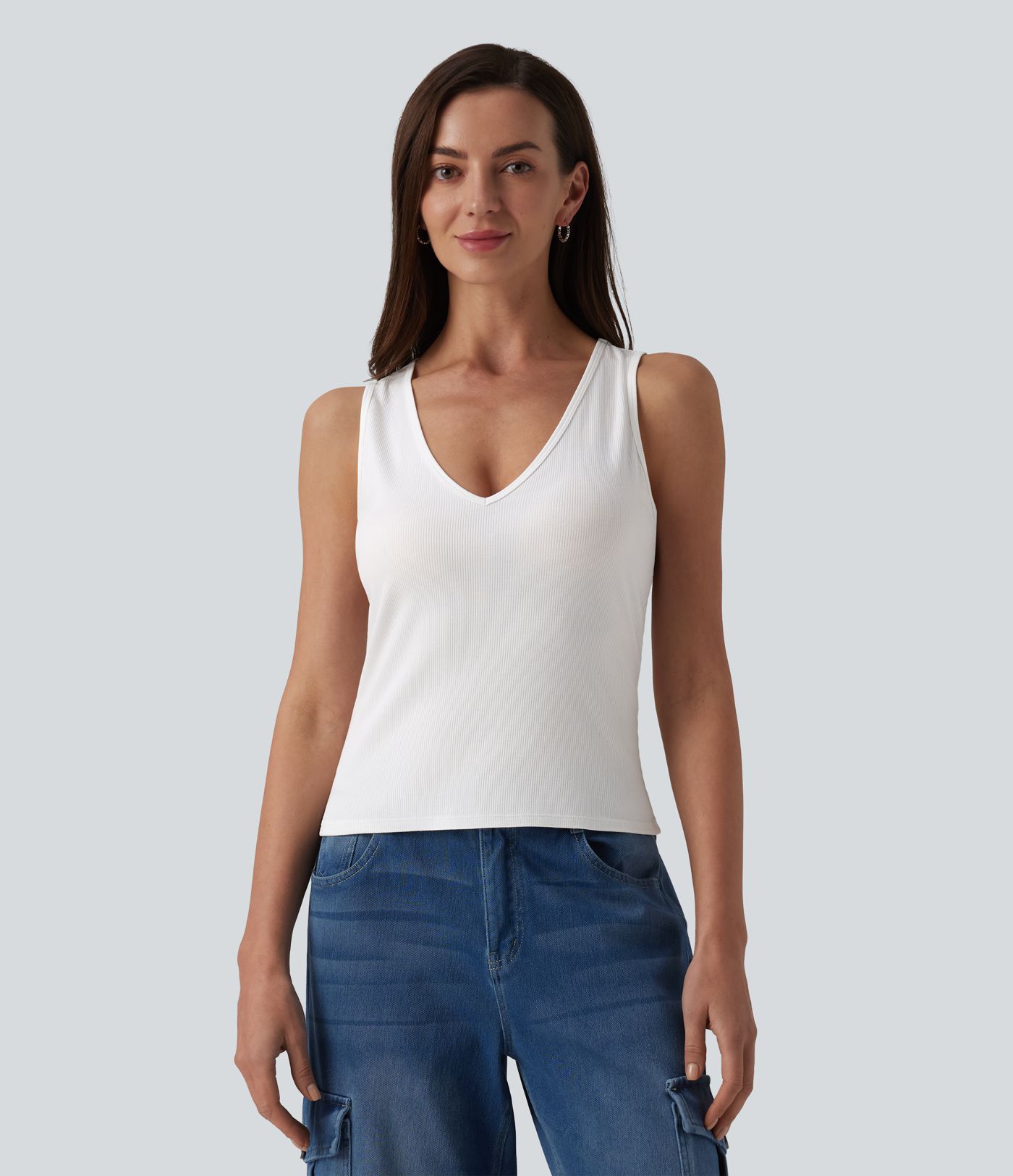 Ribbed Knit V-neck Casual Tank Top