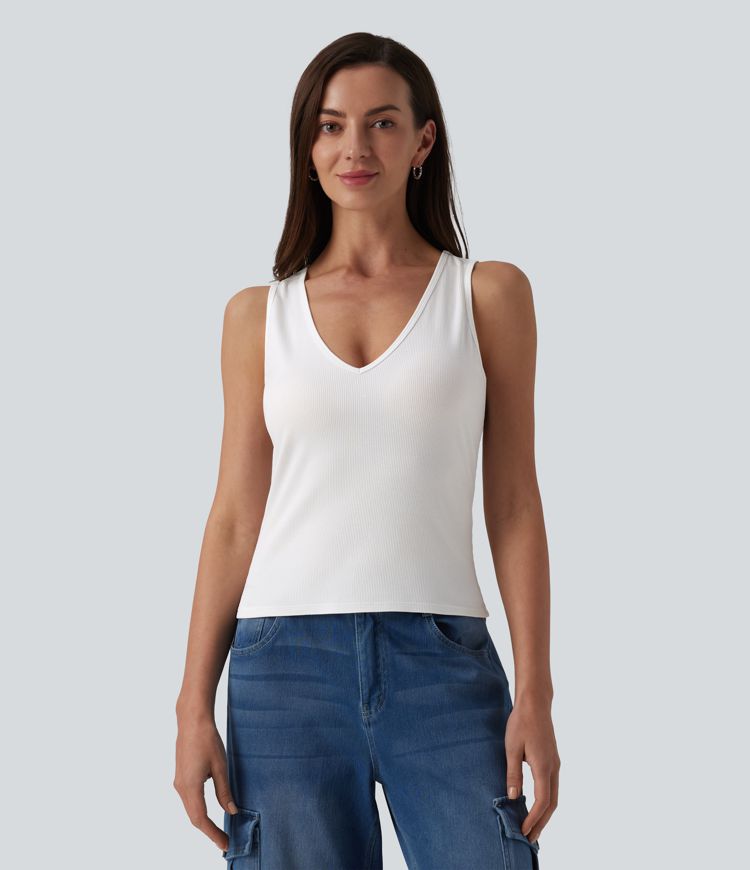 Ribbed Knit V-neck Casual Tank Top