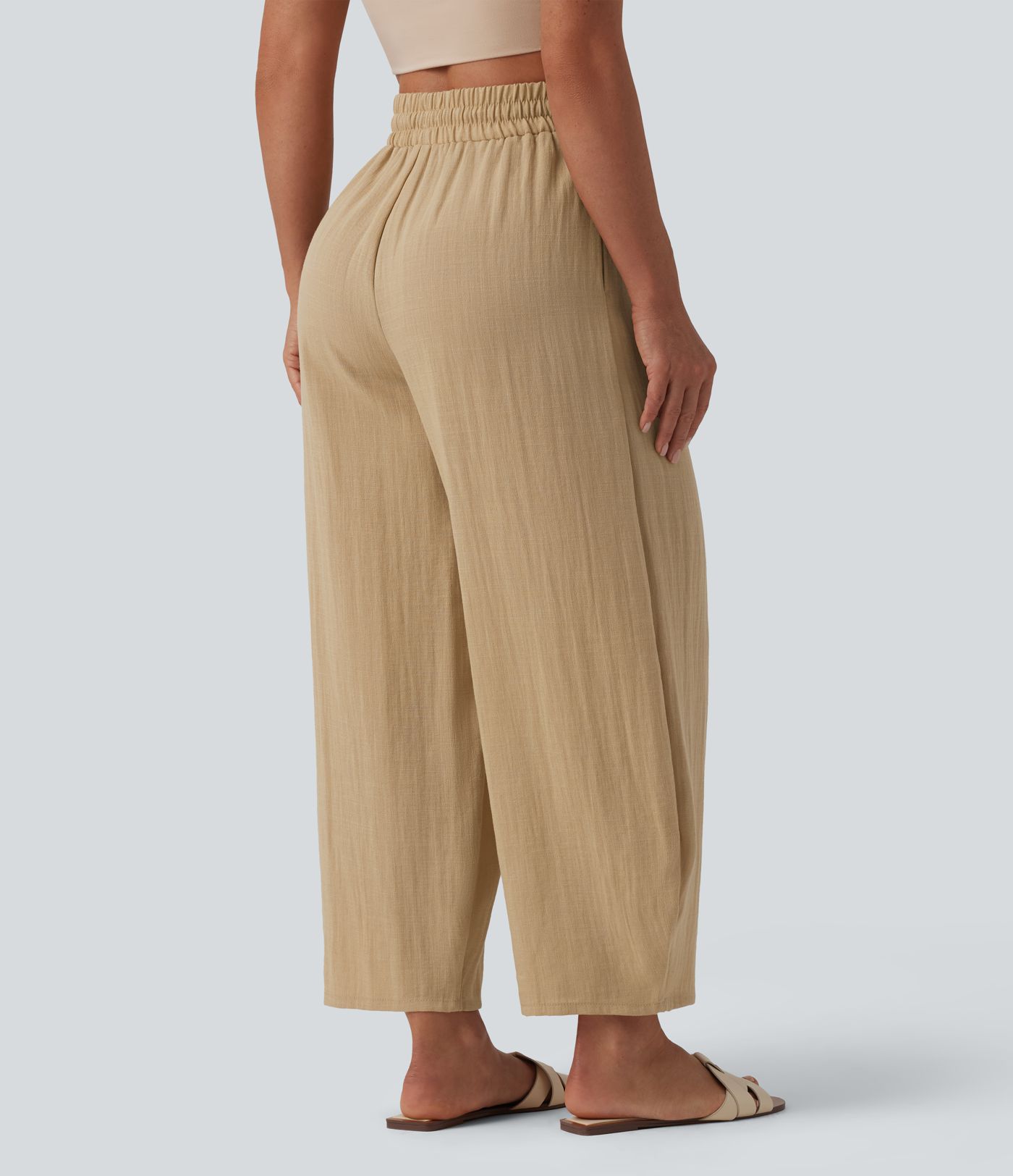 High Waisted Drawstring Barrel Leg Casual Linen-Feel Trousers with Pockets