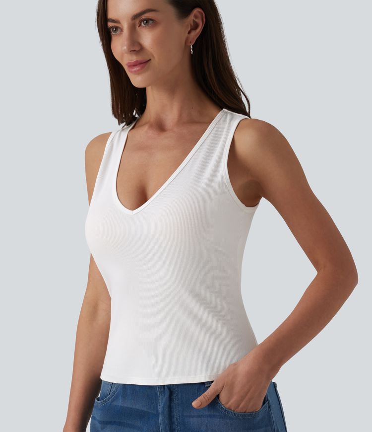 Ribbed Knit V-neck Casual Tank Top