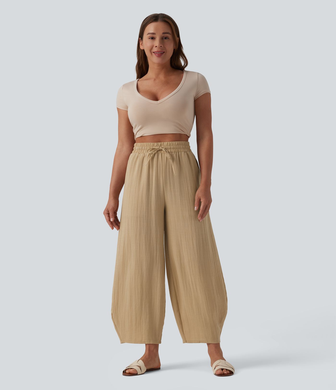 High Waisted Drawstring Barrel Leg Casual Linen-Feel Trousers with Pockets