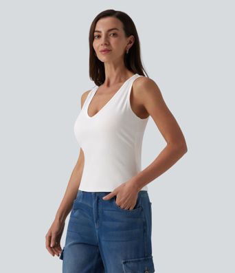 Ribbed Knit V-neck Casual Tank Top