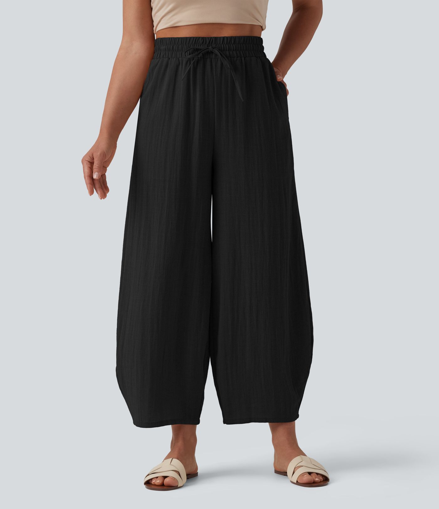 High Waisted Drawstring Barrel Leg Casual Linen-Feel Pants with Pockets